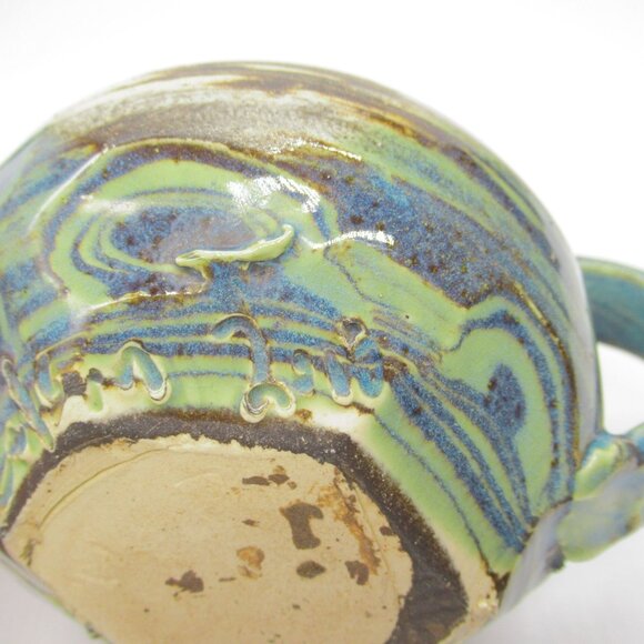Handmade Ceramic Teapot Artisan Handle & Abstract Green Blue Swirl Glaze Signed - Picture 15 of 16